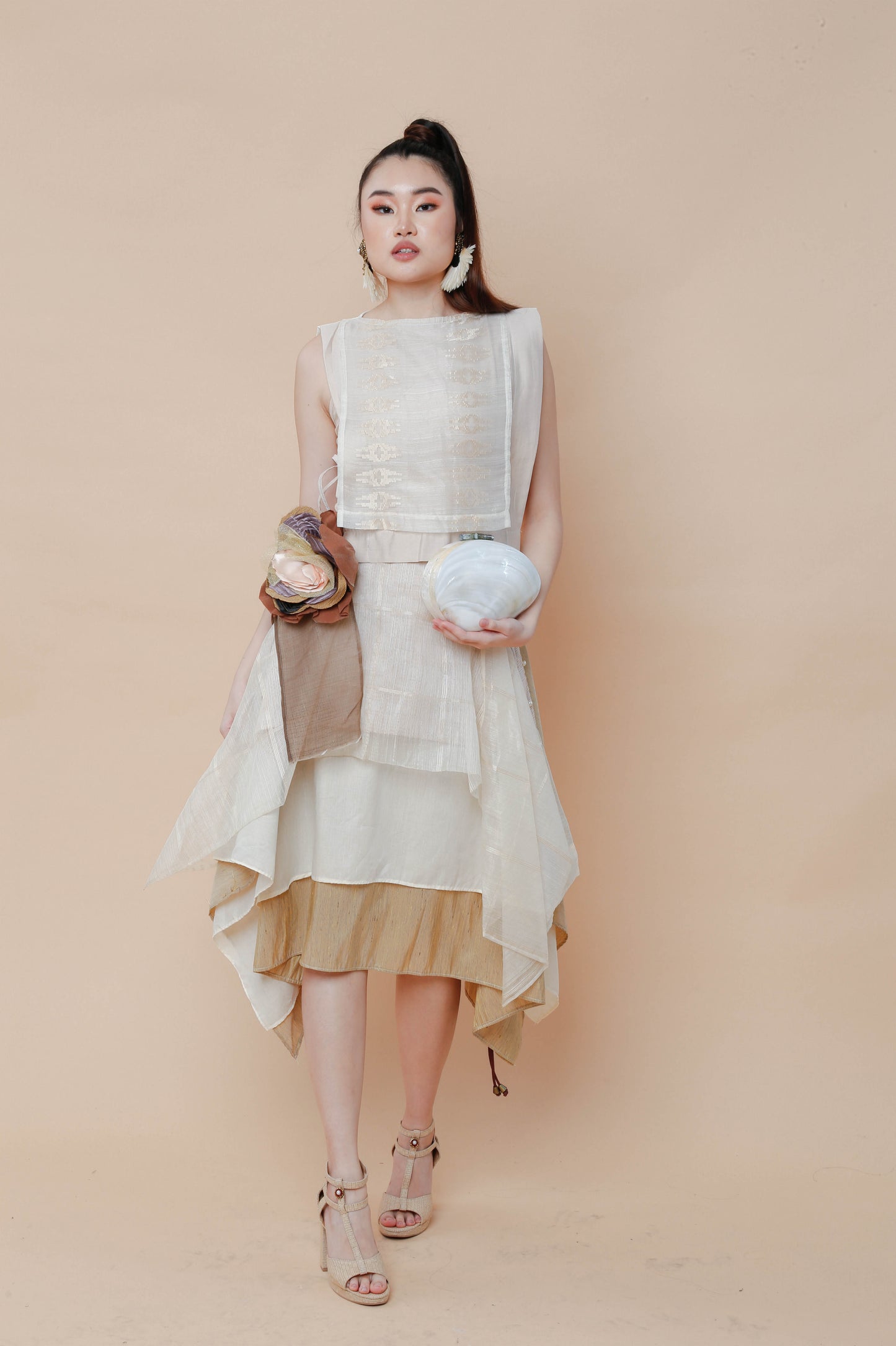 Freestyle Skirt in Barong with Handmade Detachable Floral Corsage