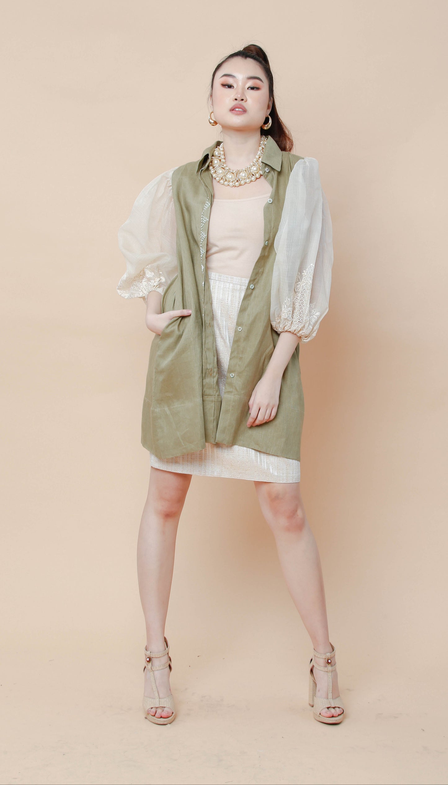 Ninang Duties Sage Green Pure Linen with Barong Calado of Lumban
