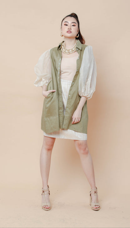 Ninang Duties Sage Green Pure Linen with Barong Calado of Lumban