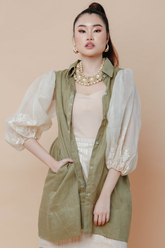 Ninang Duties Sage Green Pure Linen with Barong Calado of Lumban