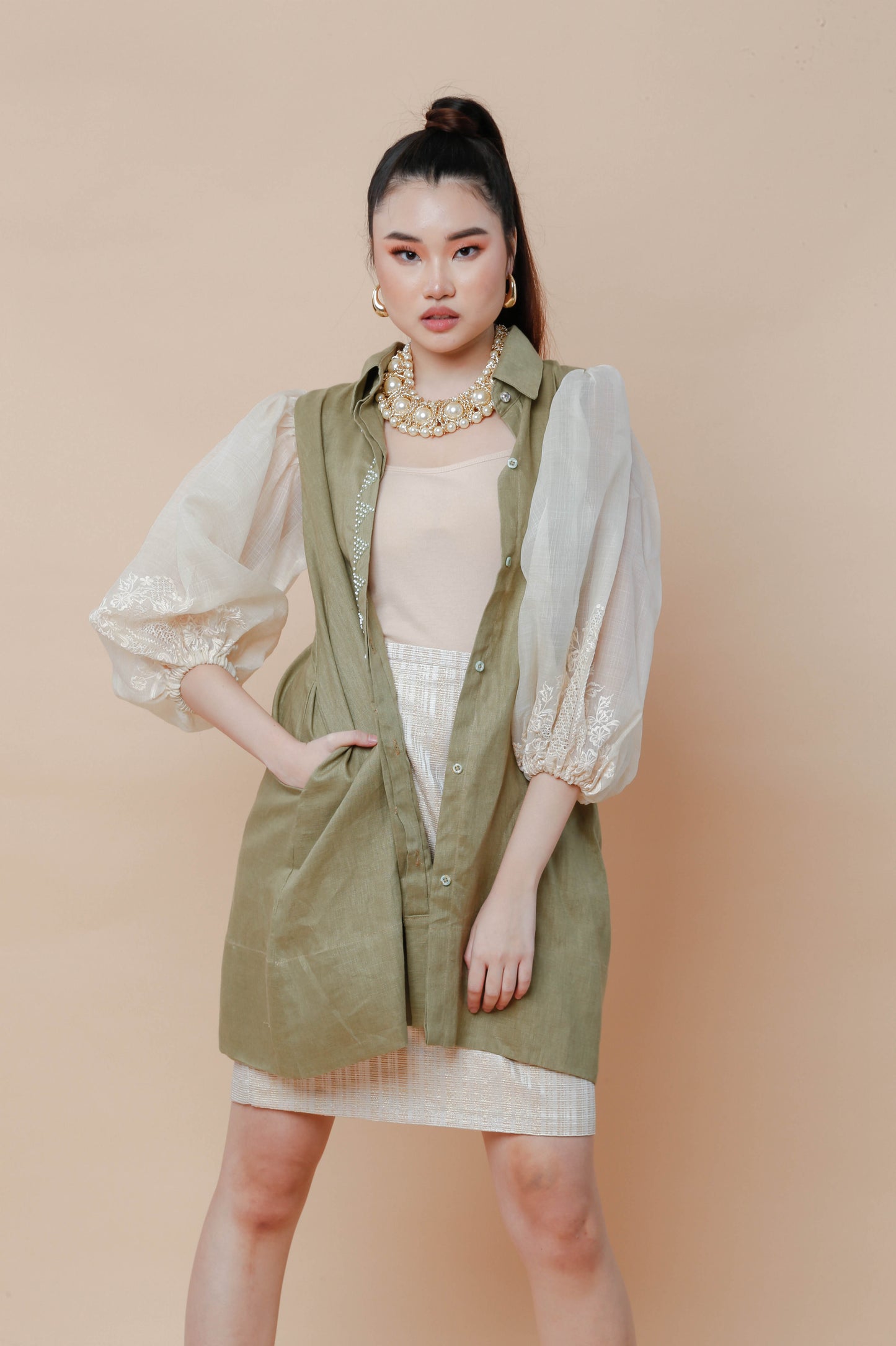 Ninang Duties Sage Green Pure Linen with Barong Calado of Lumban