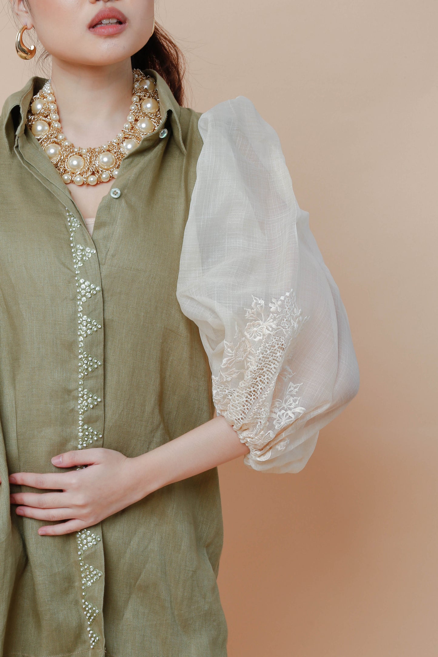 Ninang Duties Sage Green Pure Linen with Barong Calado of Lumban