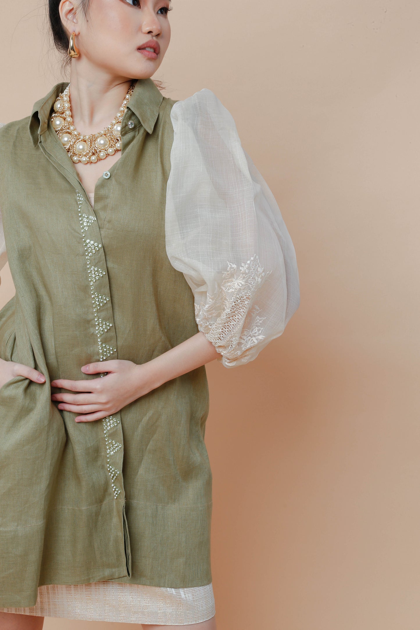Ninang Duties Sage Green Pure Linen with Barong Calado of Lumban