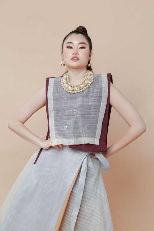 Barong Bib in Maroon with Hand Beaded Appliques