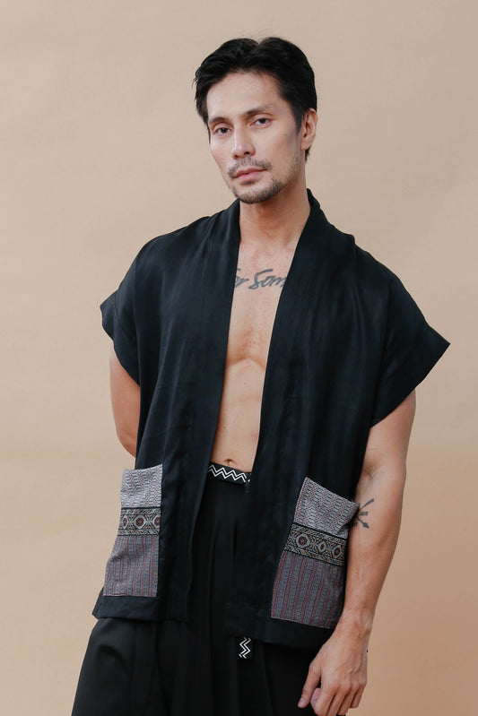 Maparaan Unisex Long Cover Up with Big Pockets in Black Linen