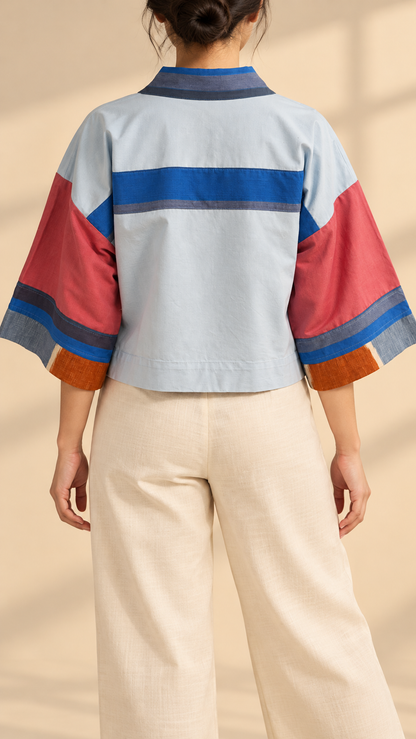 CROP KIMONO IN RED LIGHT BLUE WITH BLUE STRIPES KANTARINES COLLAR