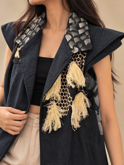 AGAW PANSIN CAPE TRENCH IN DENIM WITH BEADWORKS and TASSEL