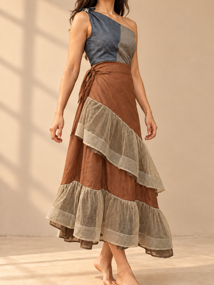 BIRTHDAY CAKE SKIRT IN BROWN LINEN