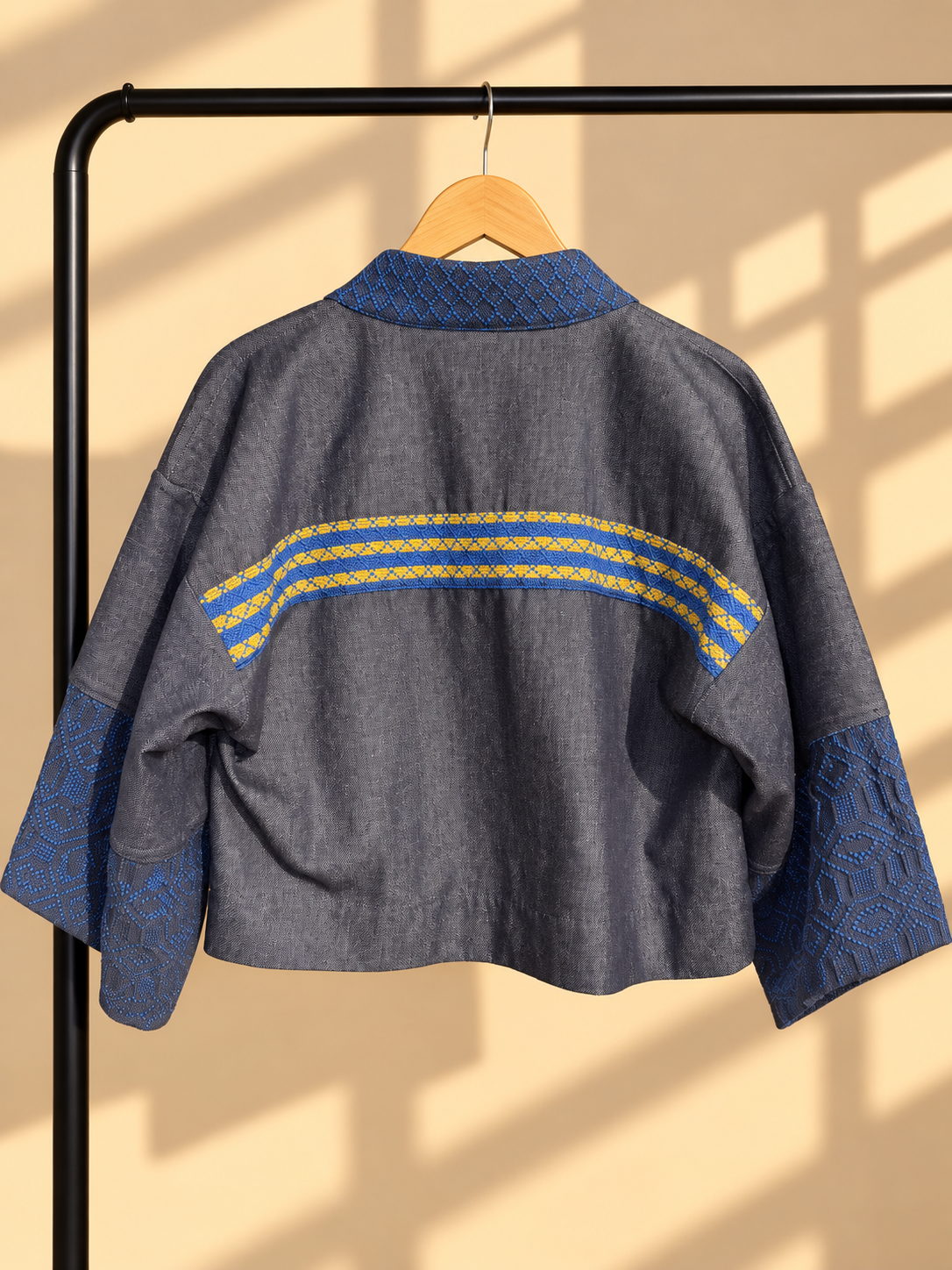 CROP KIMONO IN DENIM BLUE WITH KUNDIMAN AND BEADWORKS