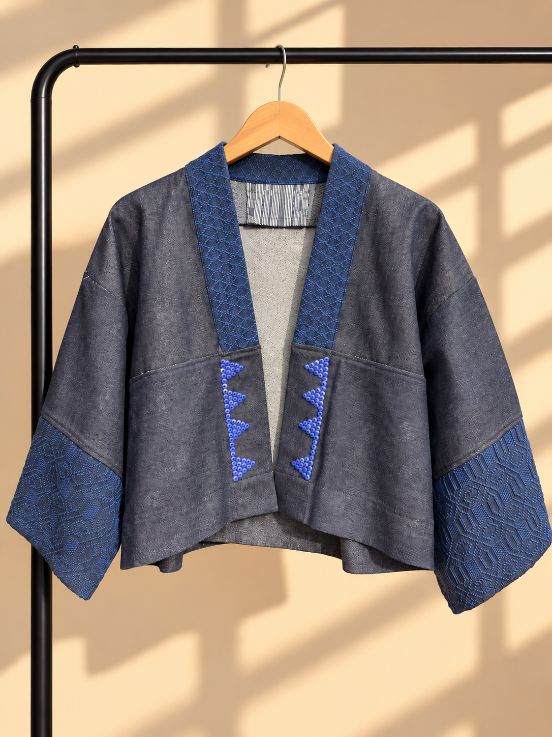 CROP KIMONO IN DENIM BLUE WITH KUNDIMAN AND BEADWORKS