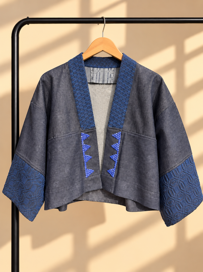 CROP KIMONO IN DENIM BLUE WITH KUNDIMAN AND BEADWORKS
