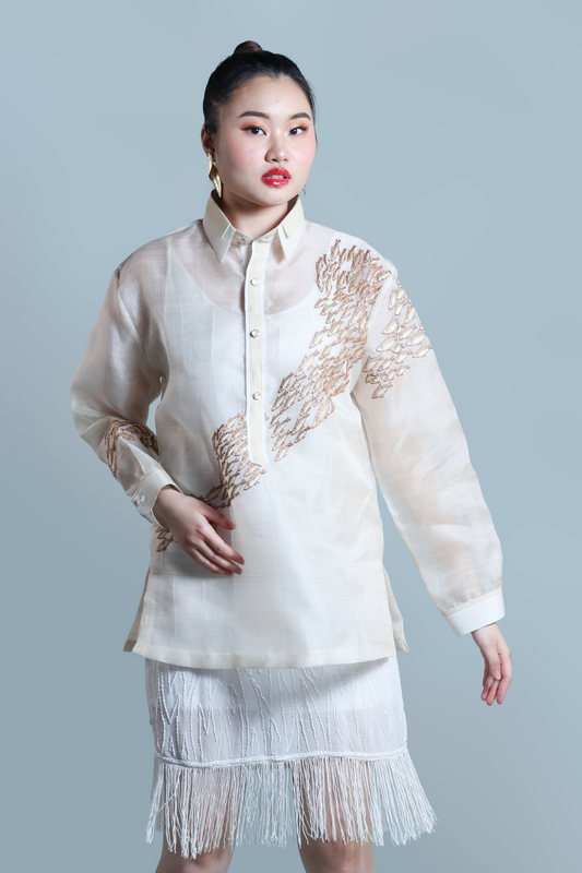 SAGANA MEN’S BARONG (PINAS SADYA ORIGINAL DESIGN ) WITH FRONT AND BACK FISH HARVEST EMBROIDERY