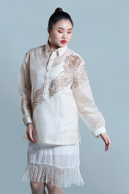 SAGANA MEN’S BARONG (PINAS SADYA ORIGINAL DESIGN ) WITH FRONT AND BACK FISH HARVEST EMBROIDERY