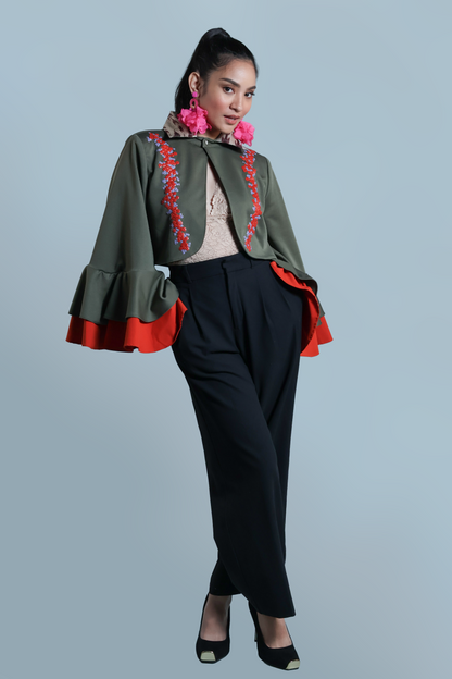 LEAD SINGER PONCHO IN MOSS GREEN WITH BEAD EMBELLISHMENTS