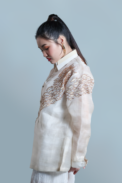 SAGANA MEN’S BARONG (PINAS SADYA ORIGINAL DESIGN ) WITH FRONT AND BACK FISH HARVEST EMBROIDERY