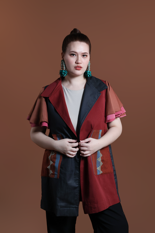 PANGANAY COVER UP PONCHO IN RED BLUE WITH KANTARINES WEAVE
