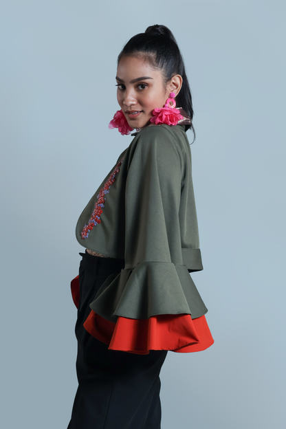 LEAD SINGER PONCHO IN MOSS GREEN WITH BEAD EMBELLISHMENTS
