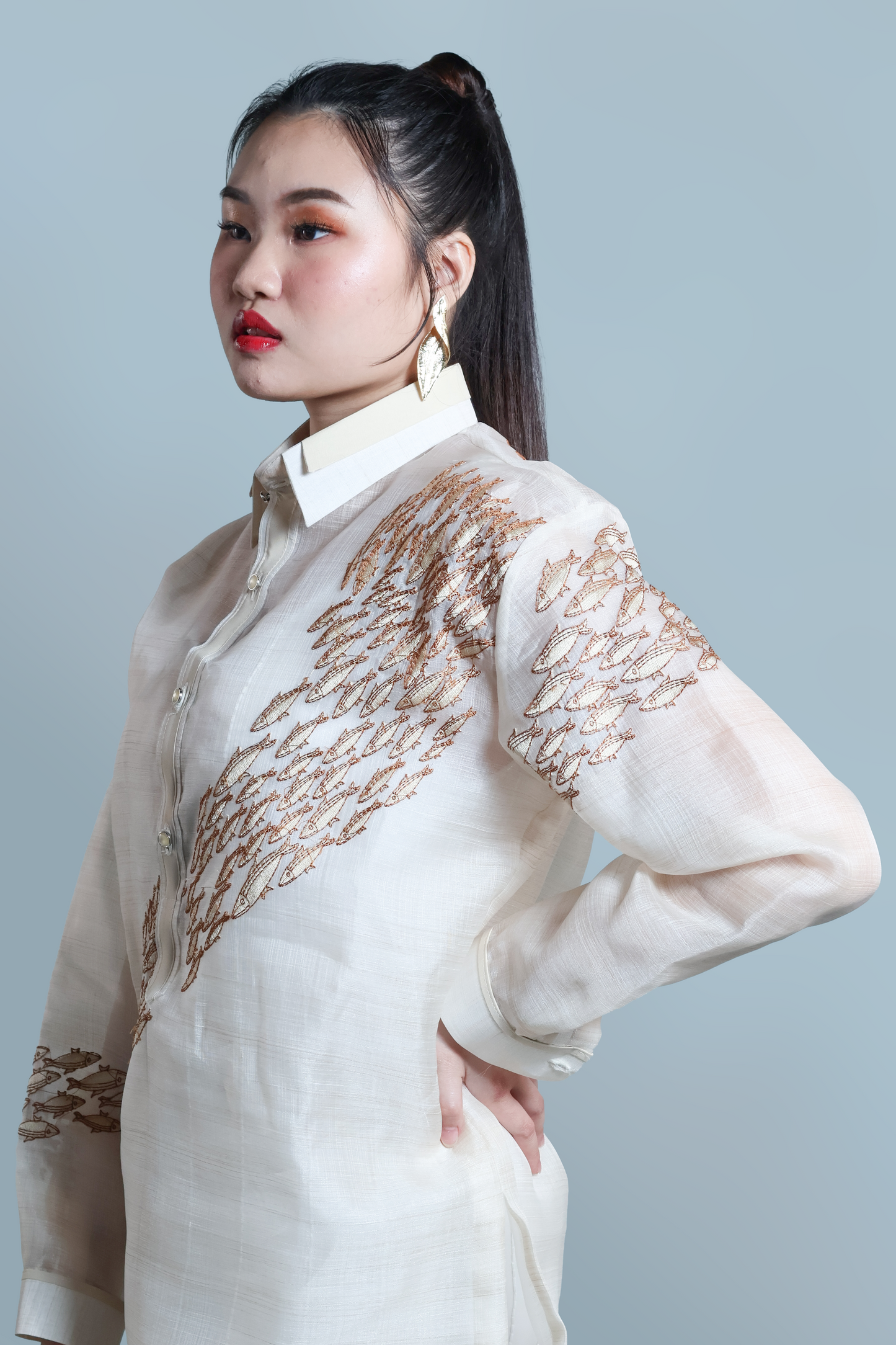 SAGANA MEN’S BARONG (PINAS SADYA ORIGINAL DESIGN ) WITH FRONT AND BACK FISH HARVEST EMBROIDERY