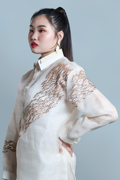 SAGANA MEN’S BARONG (PINAS SADYA ORIGINAL DESIGN ) WITH FRONT AND BACK FISH HARVEST EMBROIDERY