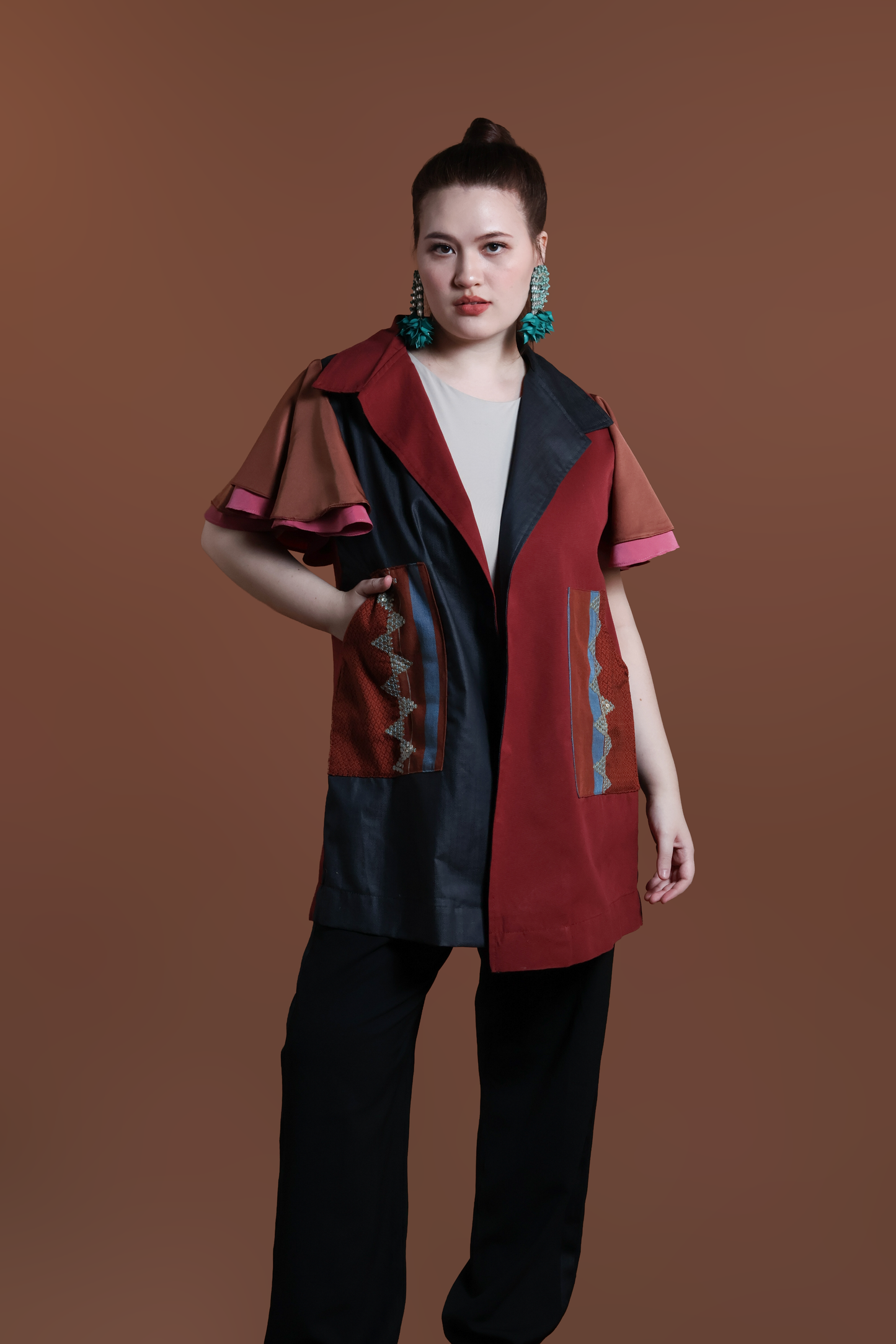 PANGANAY COVER UP PONCHO IN RED BLUE WITH KANTARINES WEAVE