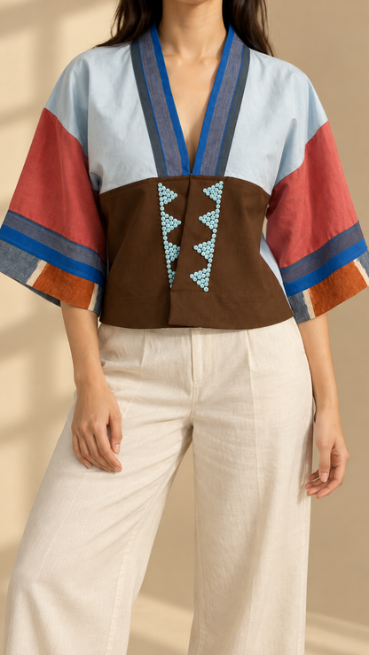 CROP KIMONO IN RED LIGHT BLUE WITH BLUE STRIPES KANTARINES COLLAR