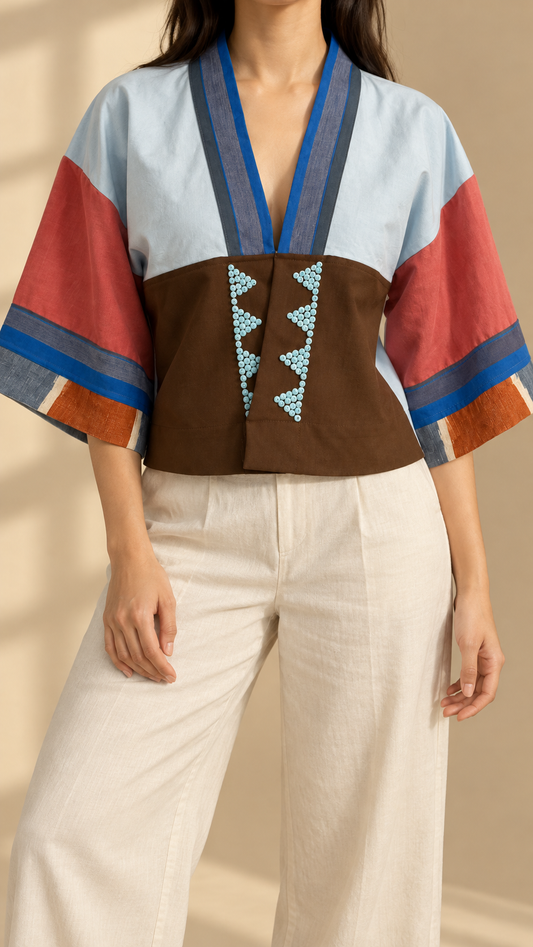 CROP KIMONO IN RED LIGHT BLUE WITH BLUE STRIPES KANTARINES COLLAR
