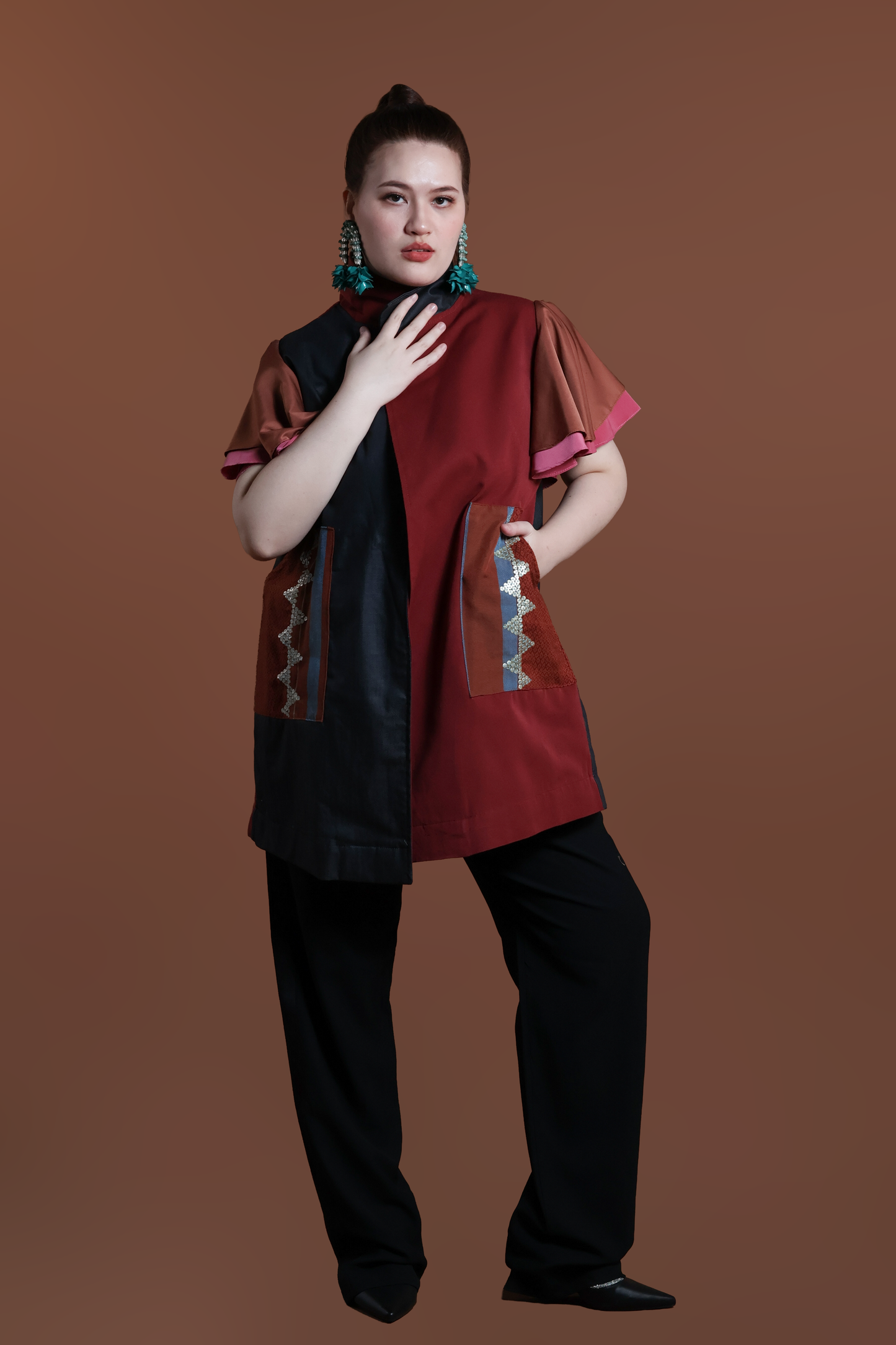 PANGANAY COVER UP PONCHO IN RED BLUE WITH KANTARINES WEAVE