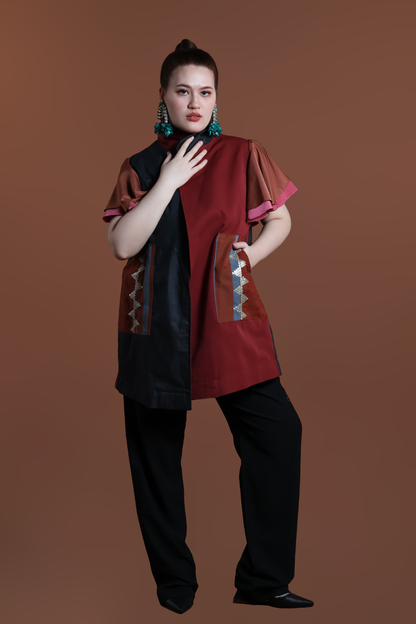 PANGANAY COVER UP PONCHO IN RED BLUE WITH KANTARINES WEAVE