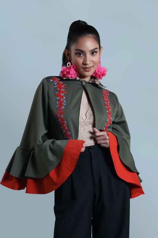 LEAD SINGER PONCHO IN MOSS GREEN WITH BEAD EMBELLISHMENTS