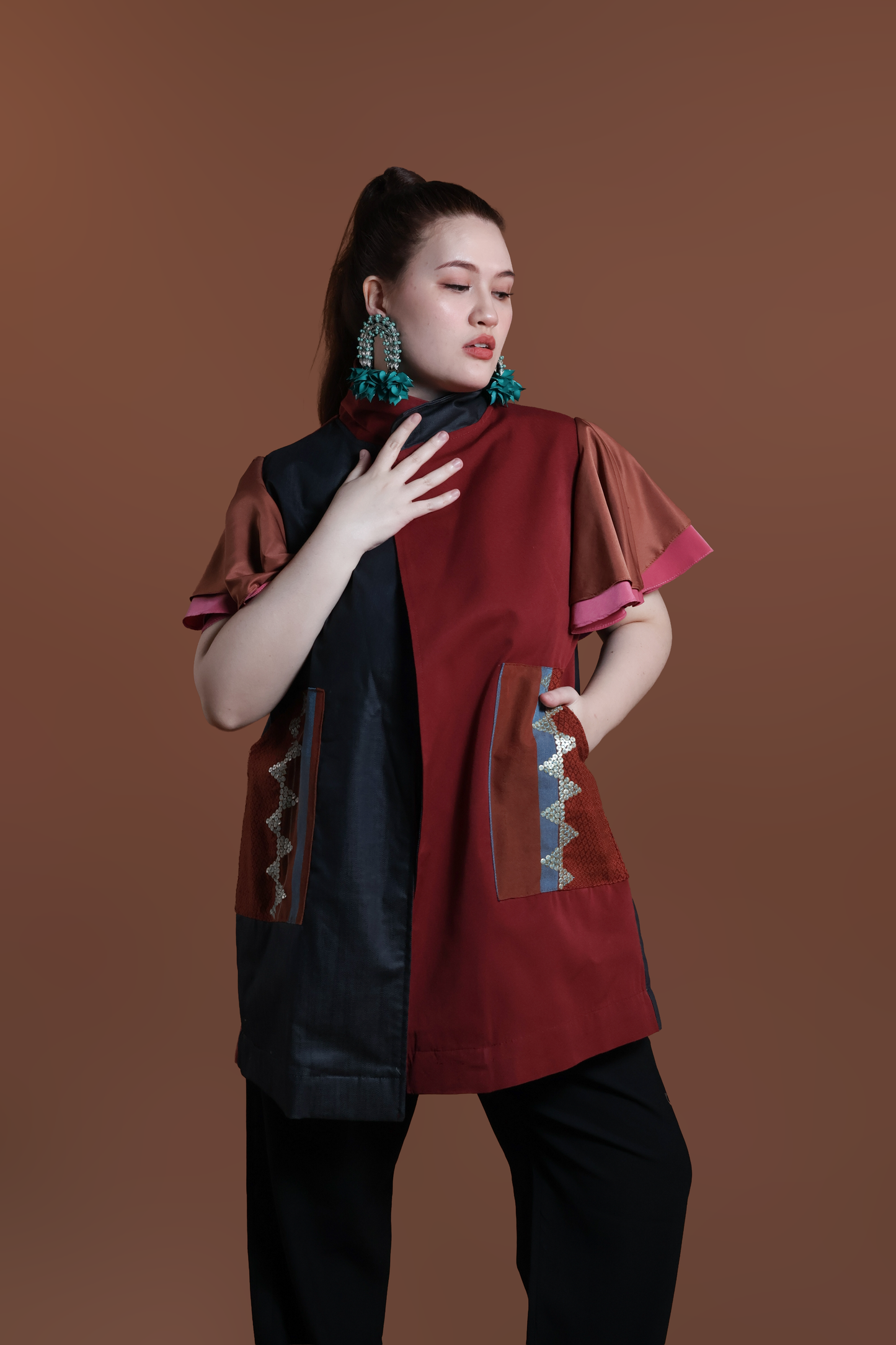 PANGANAY COVER UP PONCHO IN RED BLUE WITH KANTARINES WEAVE