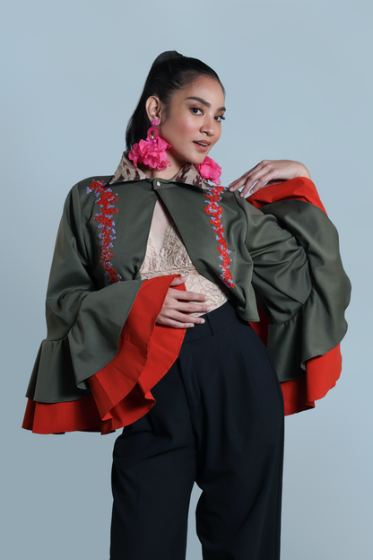 LEAD SINGER PONCHO IN MOSS GREEN WITH BEAD EMBELLISHMENTS