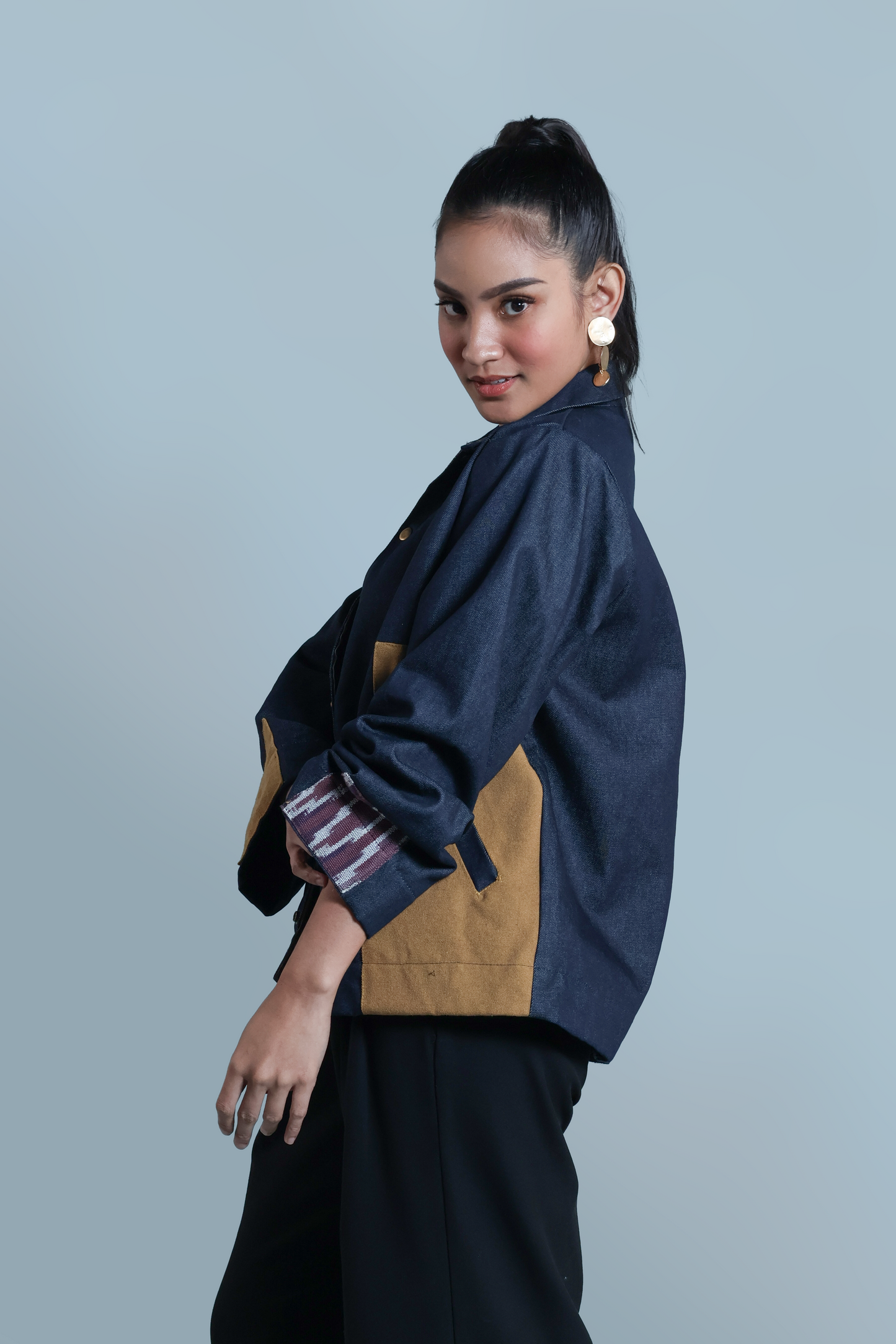 MAGINOO UNISEX JACKET IN DENIM AND IKAT OF THE NORTH
