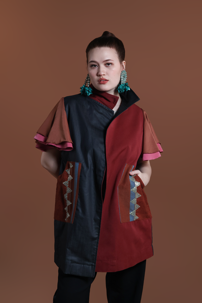 PANGANAY COVER UP PONCHO IN RED BLUE WITH KANTARINES WEAVE