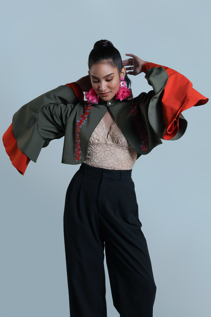 LEAD SINGER PONCHO IN MOSS GREEN WITH BEAD EMBELLISHMENTS
