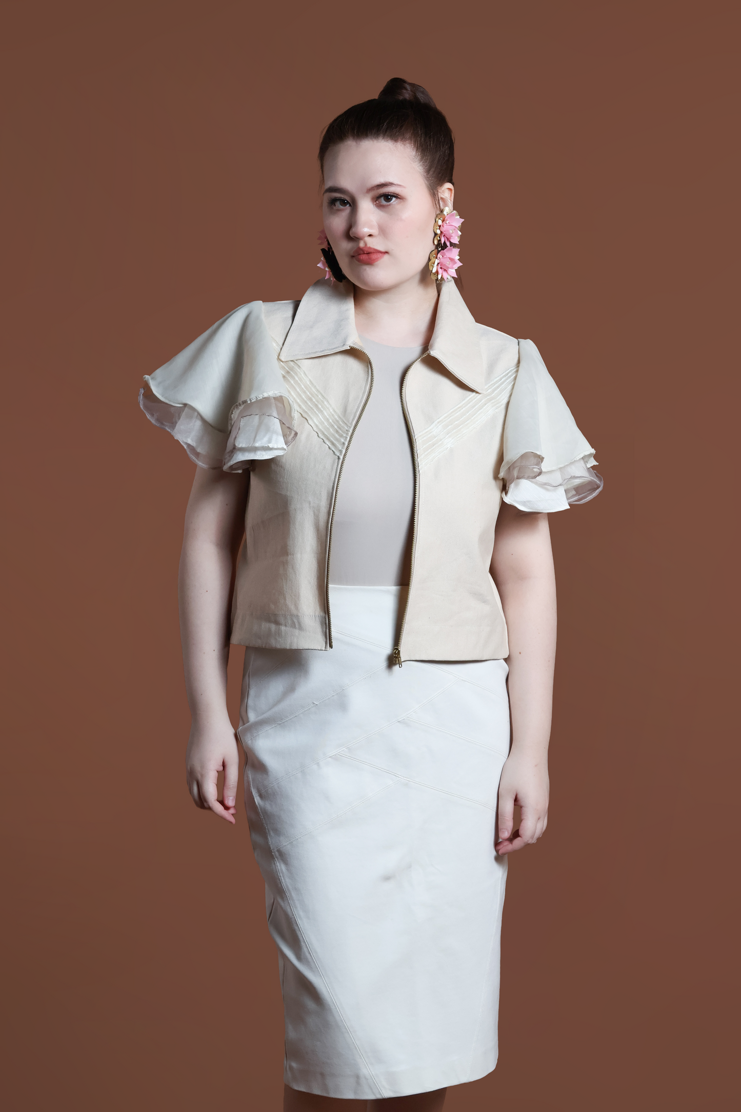 LIPAD JACKET WITH MALANDI SLEEVES IN CREAM AND RARE ABACA WEAVE