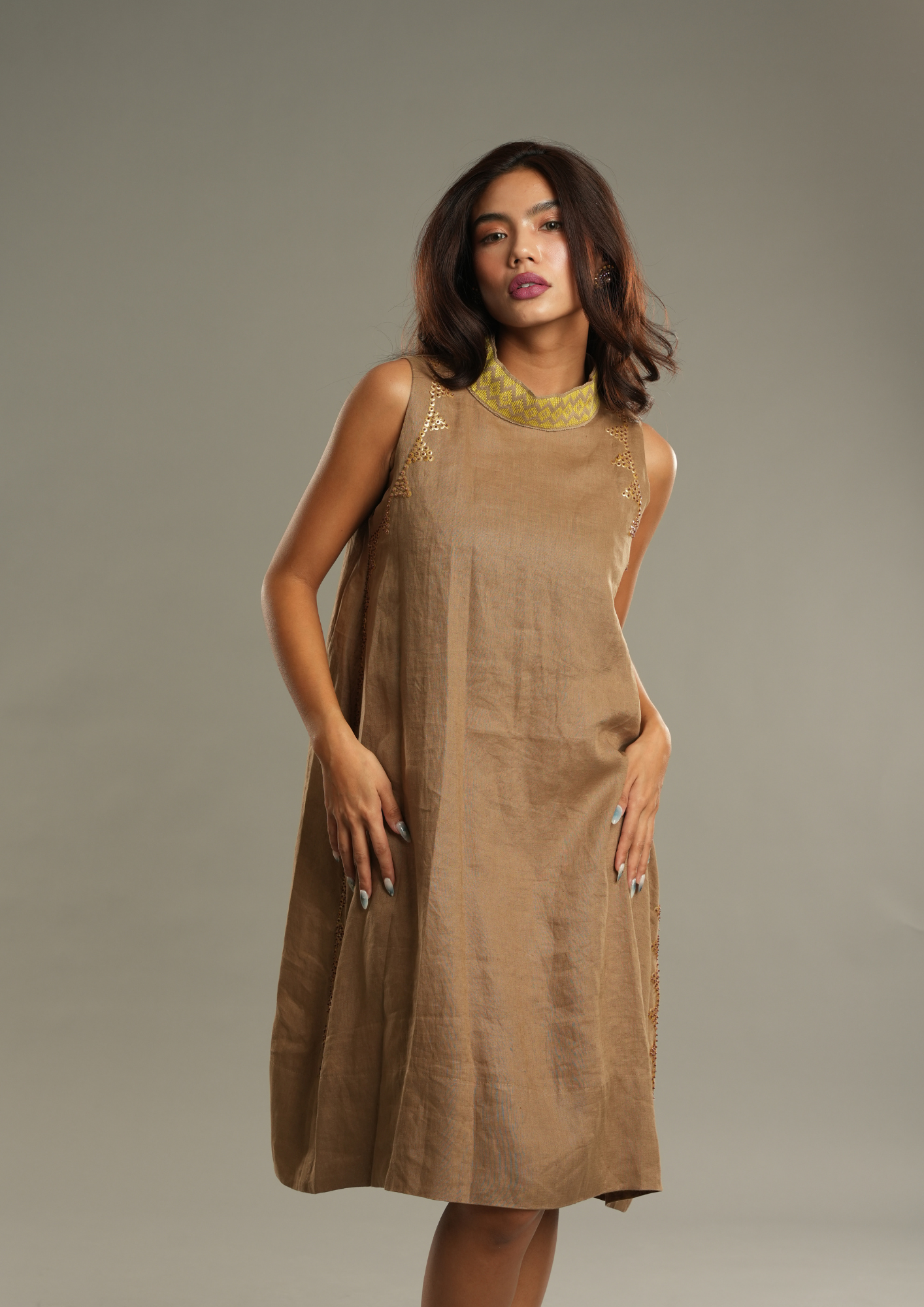 Magandang Hapon Linen Dress in Tan Brown with Langkit Weave of Marawi