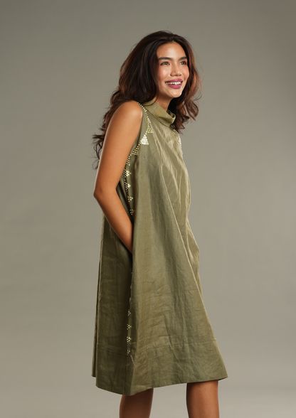 Magandang Tanghali in Light Olive Linen Dress with Deep Pockets