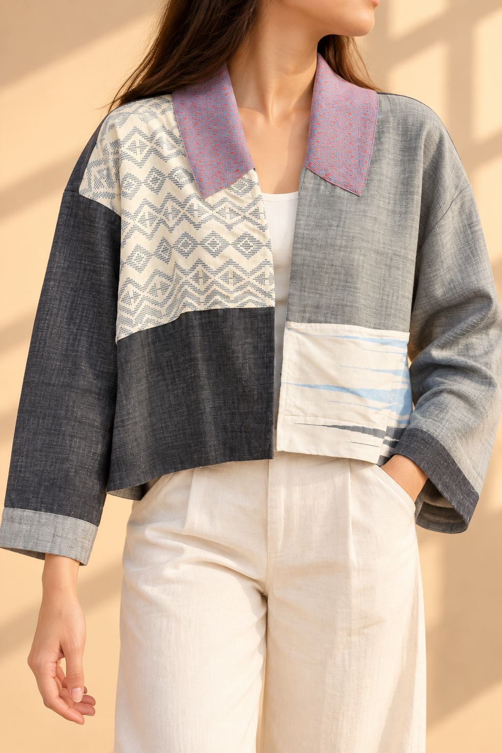 ROCKSTAR JACKET IN DENIM WITH TATSULOK, INAUL AND KABANGKALAN WEAVE