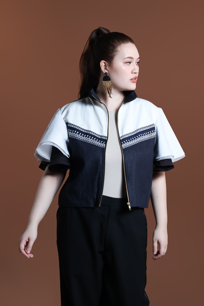 LIPAD JACKET WITH MALANDI SLEEVES IN DENIM AND SUKSUK PIÑA WEAVE