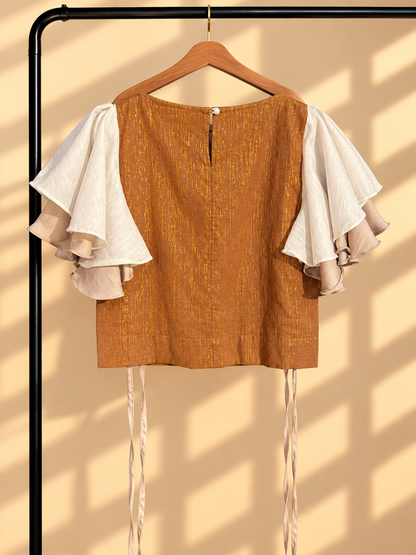 MALANDI SLEEVES BIB IN EARTH WITH GOLD FLORAL SUKSUK BARONG
