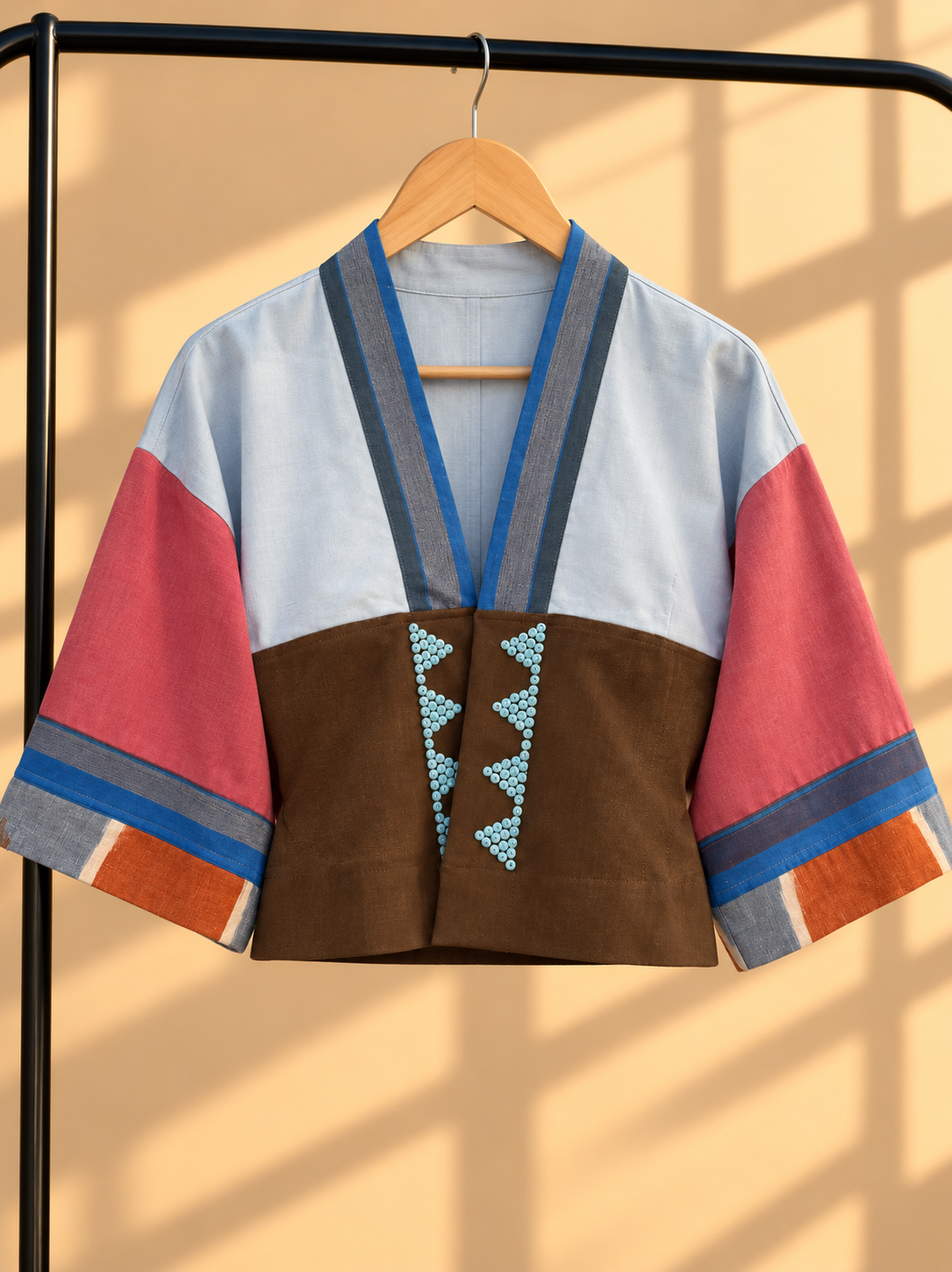 CROP KIMONO IN RED LIGHT BLUE WITH BLUE STRIPES KANTARINES COLLAR