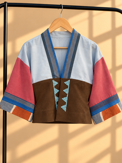 CROP KIMONO IN RED LIGHT BLUE WITH BLUE STRIPES KANTARINES COLLAR