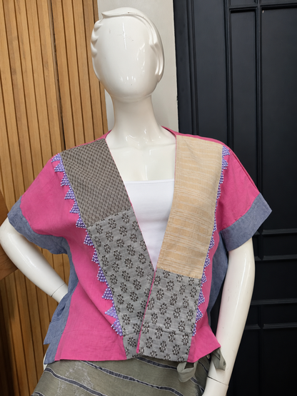HERITAGE PONCHO IN MIXED PINK WITH MULTI PATTERN WEAVE