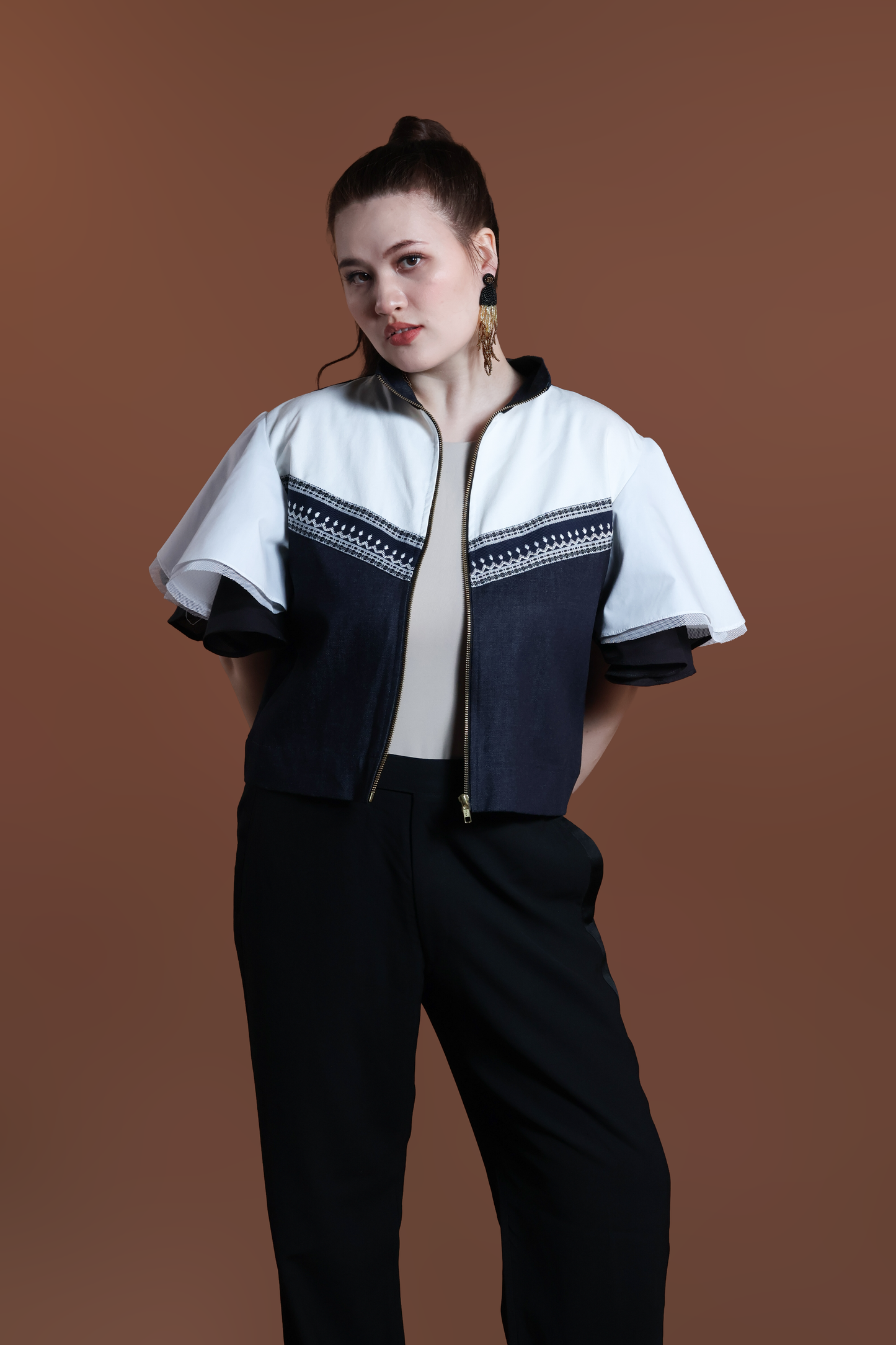 LIPAD JACKET WITH MALANDI SLEEVES IN DENIM AND SUKSUK PIÑA WEAVE