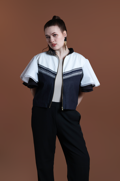 LIPAD JACKET WITH MALANDI SLEEVES IN DENIM AND SUKSUK PIÑA WEAVE