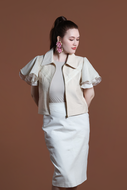 LIPAD JACKET WITH MALANDI SLEEVES IN CREAM AND RARE ABACA WEAVE