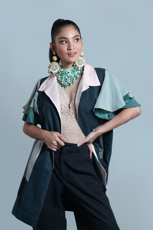 PANAGANAY OPEN FRONT TRENCH IN GREEN WITH IKAT AND HABLON WEAVE