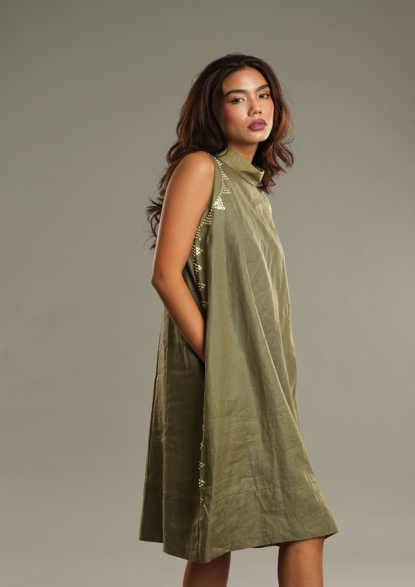 Magandang Tanghali in Light Olive Linen Dress with Deep Pockets