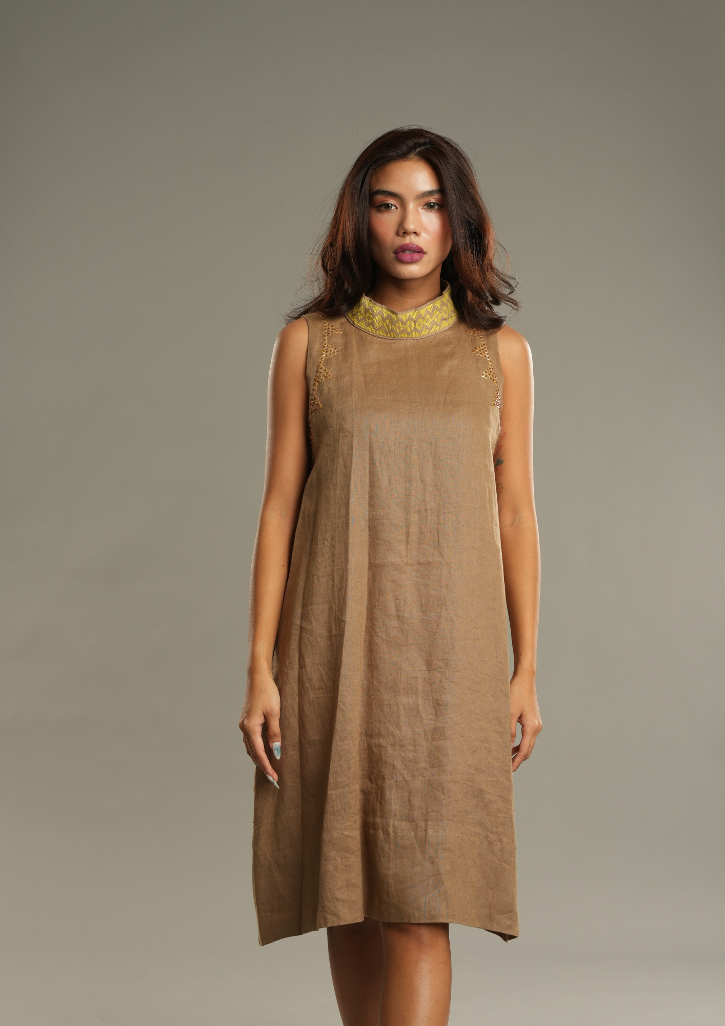 Magandang Hapon Linen Dress in Tan Brown with Langkit Weave of Marawi