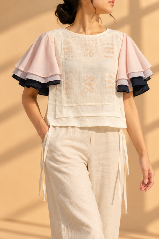 BIB TOP IN CHAMPAGNE WITH SUKSUK BARONG AND MALANDI SLEEVES